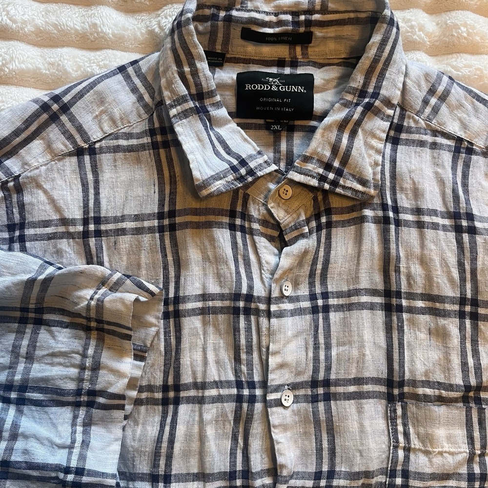 Rodd & Gunn Shirt Mens 2XL Gray Plaid Linen Short Sleeve Original Fit Casual